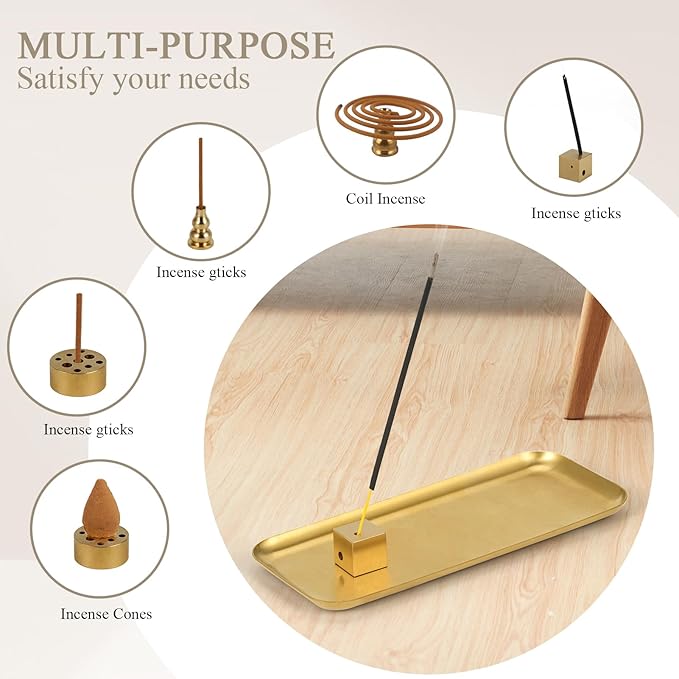 Brass Incense Holder with Tray Set,Block Incense Stick Holder for Multiple Angles, Incense Burner for Home Deco,Yoga and Relax Mood,6pcs