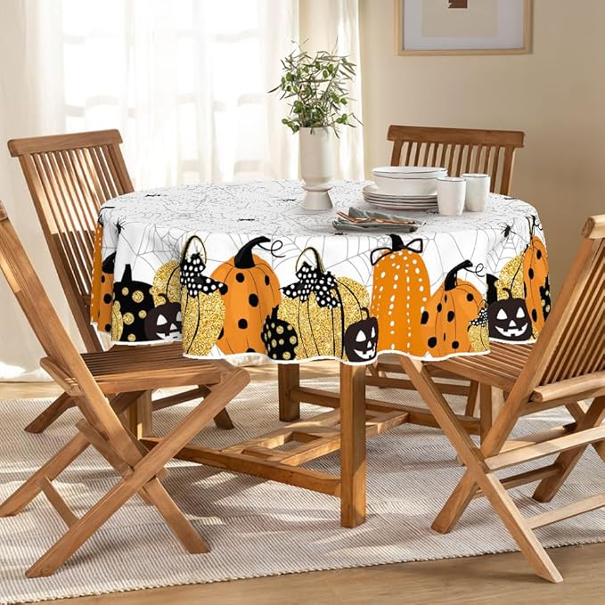 Horaldaily Halloween Tablecloth 60x60 Inch Round, Jack-O-Lantern Pumpkin Cobweb Scary Themed Washable Table Cover for Party Picnic Dinner Decor