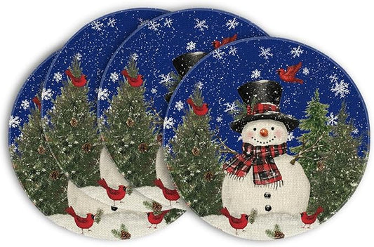 Artoid Mode Snowman Trees Snowflakes Blue Christmas Round Placemats Set of 4, 14 Inch Winter Round Table Mats for Dining Decoration