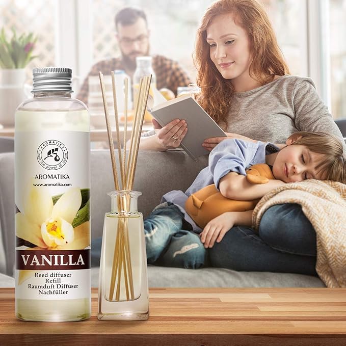 Vanilla Diffuser Refill w/Natural Essential Vanilla Oil 6.8 Fl Oz - Intensive - Fresh & Long Lasting Fragrance - Reed Diffuser Oil Refill Vanilla - for Aromatherapy - SPA - Home - Office - Fitness
