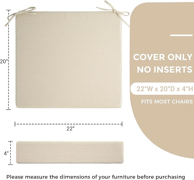 Patio Cushion Covers with Ties, 2 Pack, Outdoor Water Resistant Deep Seat Chair Cushion Slipcover 22x20x4 Inch for Garden Couch Sofa (Replacement Cover Only)-Cream
