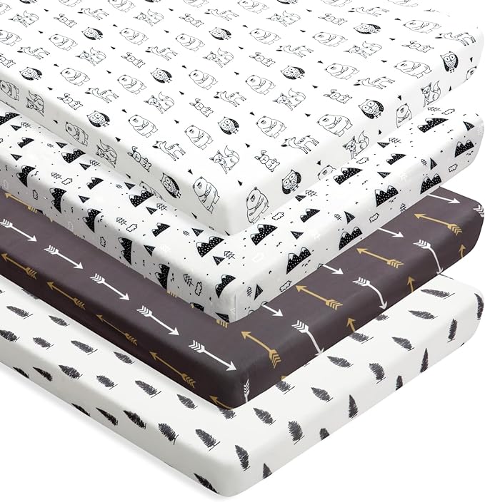 4 Pack N Play Sheets Woodland Forest Animals Wood Neutral Unisex Fitted Baby N Play Sheets Fitted for Standard Pack and Plays and Mini Cribs Set for Baby Boys or Girls