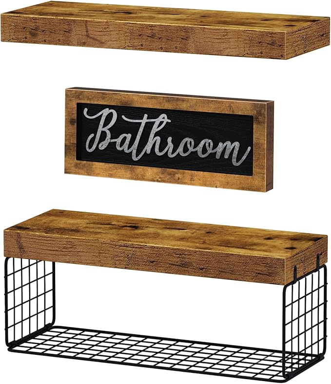 QEEIG ‎Bathroom Shelves Over Toilet - Paper Storage Wall Mounted Farmhouse Decor Decorations Aesthetic Décor Sign Small Floating Shelf 2+1 Set 16 inch, Rustic Brown (020BN)