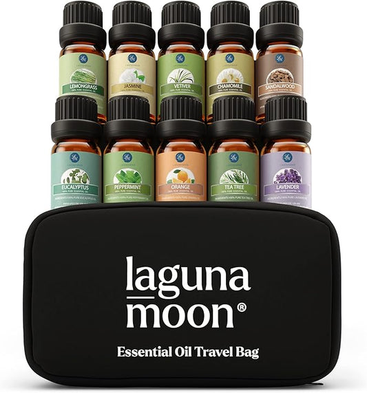 Essential Oils Set - 10pc Aromatherapy Oil in Portable Bag - Diffusers, Humidifiers, Yoga, DIY Cleaning Products, Candle Making - Peppermint, Tea Tree, Lavender, Eucalyptus, Lemongrass (10mL)