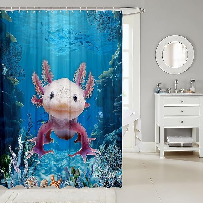 Feelyou Salamander Bathroom Waterproof Accessories with 12 Hooks Under Sea Animals Themed Shower Curtain for Kids Boys Girls Blue Ocean Fabric Shower Curtain Corals and Fish Curtains,72X78 Inches
