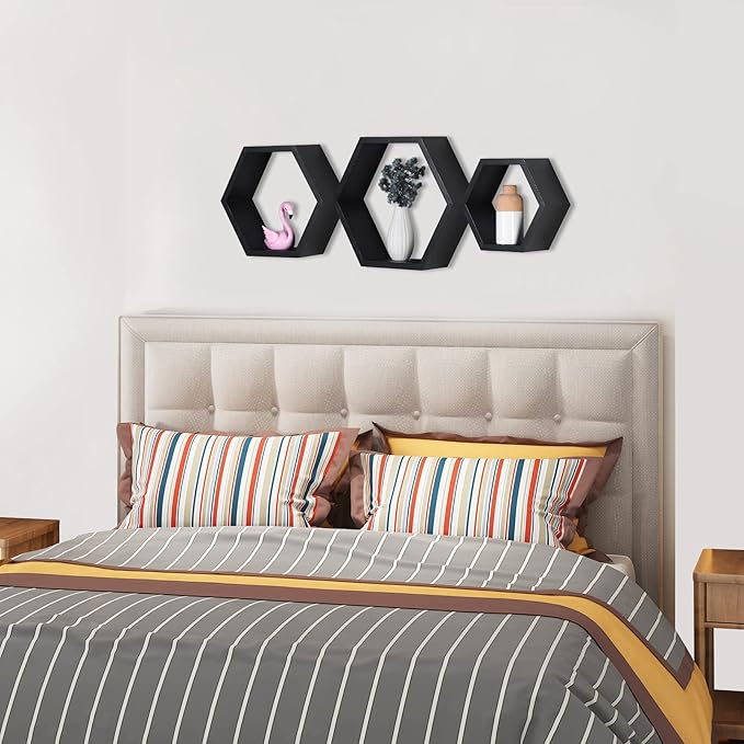 PHOENANCEE Hexagon Floating Shelves,Honeycomb Shelves Set of 3,Wall Mounted Wood Farmhouse Hexagonal Storage Wall Shelf for Bathroom, Kitchen, Bedroom, Living Room