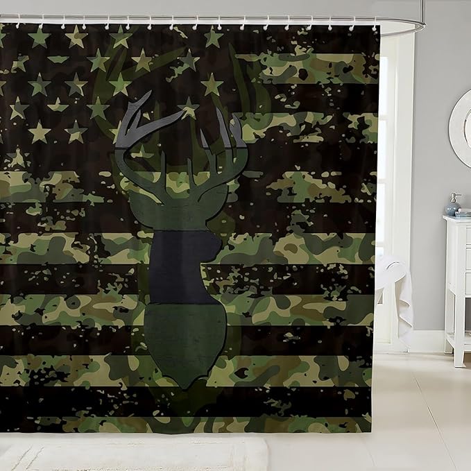 Feelyou Deer Bath Curtain Cute Deer Shower Curtain American Flag Bathroom Shower Curtain Set for Kids Toddler Boys Girls Deer Hunting Kids Bathroom Accessories 72"x78"