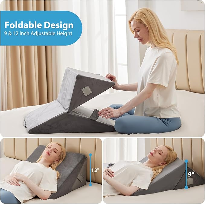 Bed Wedge Pillow for Sleeping, 9 & 12 Inch Adjustable Wedge Pillow for Back Pain Relief, 7-in-1 Memory Foam Triangle Pillow Wedge for Post Surgery, Acid Reflux, GERD, Snoring, Grey