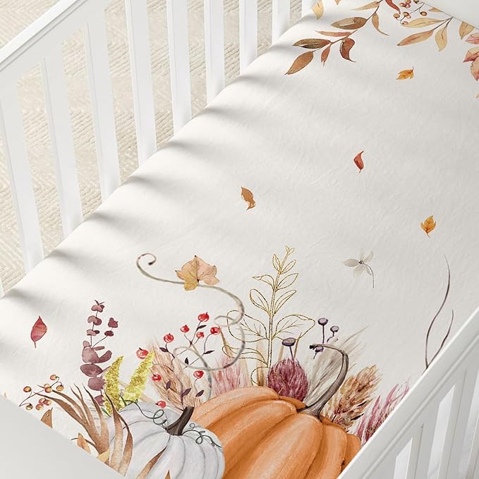 Horaldaily 2 Pack Fitted Crib Sheet for Boys Girls,Soft Breathable Washable Jersey Microfiber Baby Crib Sheet, Fits Standard Size Crib Mattress 28in x 52in, Floral Wheat Nursery Sheet White/Orange