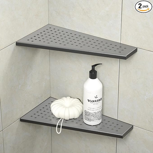 Corner Shower Shelf, 12" Trapezoid Floating Shelf 304 Stainless Steel Grid Design Recessed Bathroom Shelf for Tiled Wall No Drilling (Gunmetal, 12"-2 Pack)