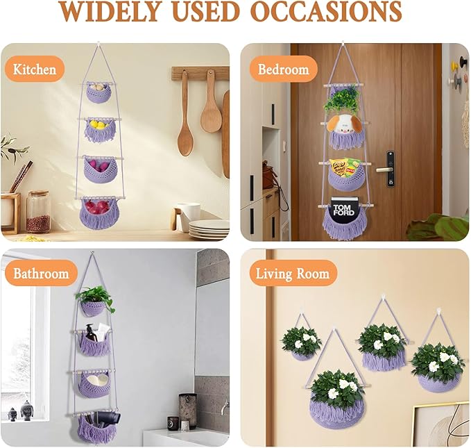 4 Tier Hanging Fruit Basket for Kitchen, Purple Boho Cotton Crocheted Produce Holder for Bathroom Bedroom, Detachable Wall Hanging Basket Shelves Over Door Organizer for Fruit Veggie Plant
