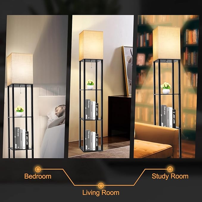 RUNTOP 3-Shelf Floor Lamp with LED Bulbs - Modern Standing Display Shelf Lamp for Living Room, Bedroom and Office (Black)