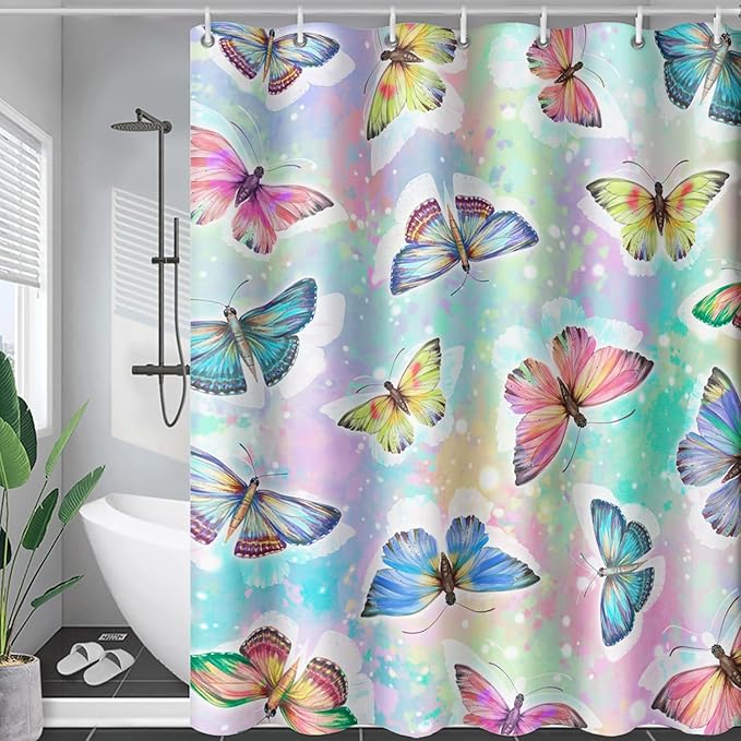 AILONEN Butterfly Shower Curtain,Rainbow Butterfly Bath Curtain,Modern Tie Dye Butterfly Art Decorative Shower Curtain with 12 Plastic Hooks (Kids/Girls/Women/Teen/) 48" W*72" H