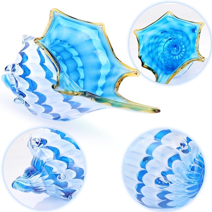 DOVDOV Hand Blown Glass Shell Decoration, Modern Art Glass Conch Statue, Blue and White Home Decorative Shells for Home Living Room, Coffee Table, TV Stand, entryway Entrance, Mantelpiece Decoration
