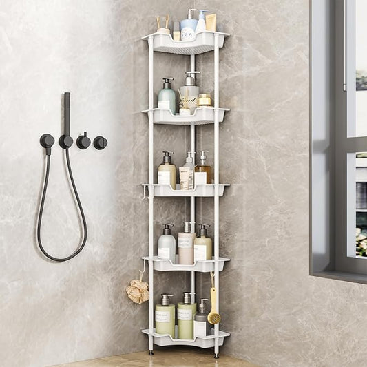 SWTYMIKI Corner Shower Caddy Standing - 5 Tier Floor Standing Shower Organizer with 4 Hooks, Plastic & Stainless Steel Waterproof Corner Stand Shower Shelf Storage Rack for Bathroom, Bathtub, White