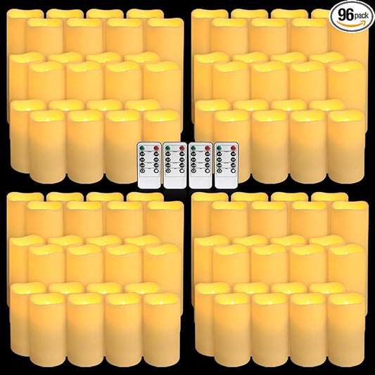 Set of 96 Waterproof Outdoor Flameless Candles, LED Candles with 4 Remote and Timer,(H 4" 5" 6" x D 2.2"),for Halloween Wedding Festival