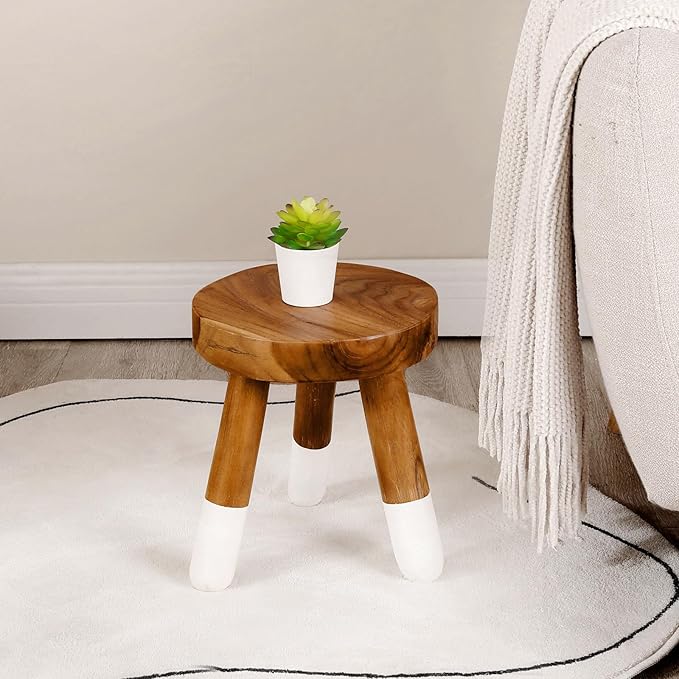 Teak 12" Round Dip Dyed Wood Plant Stand Wood Accent Stool |Accent Table |Side Table