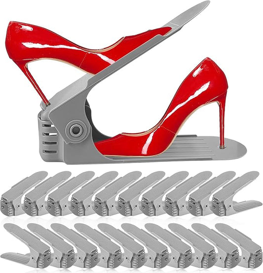 Shoe Slots Organizer 20 Pack - Shoe Stackers, Space Savers 50%, 4 Levels Adjustable, Grey