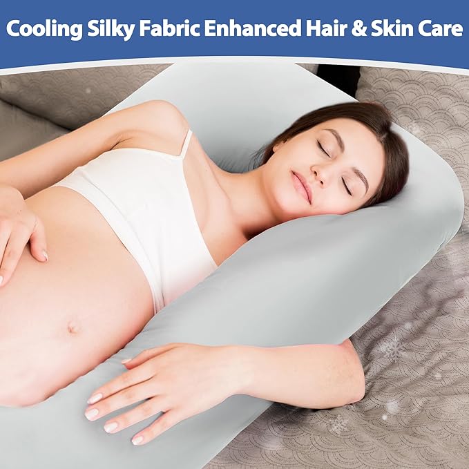 Cooling Pregnancy Pillow Cover (ONLY Pillowcase), Q-Max 0.4 U Shaped Luxurious Smooth Maternity Pillow Cover with Hidden Zip, Cool Large Pillow Protector for Side Hot Sleeper, Grey, 58x32 in