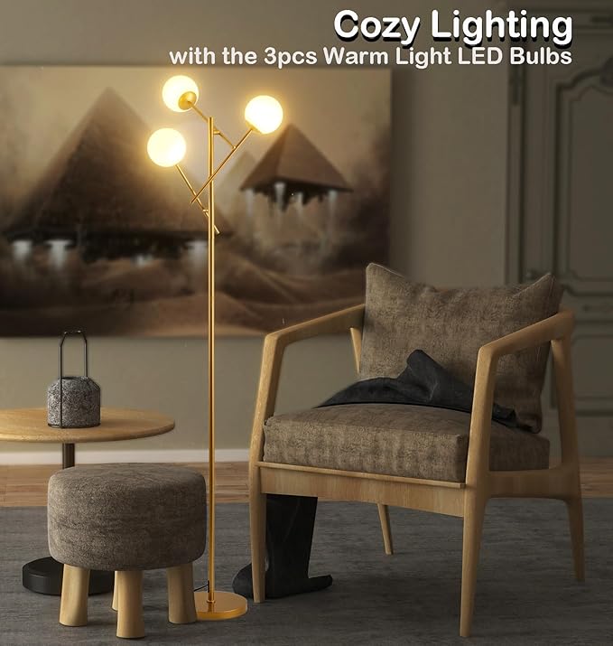 Fiqevs 3 Globe Floor Lamp with 2700K Warm Light & LED Bulbs Included, Mid Modern Gold Standing Lamp with Adjustable Lampshade, Arc Sputnik Tree Tall Lamp for Living Room, Bedroom - Antique Brass