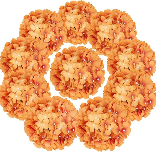 Flojery Silk Hydrangea Heads Artificial Flowers Heads with Stems for Home Wedding Decor,Pack of 10 (Fall Orange)