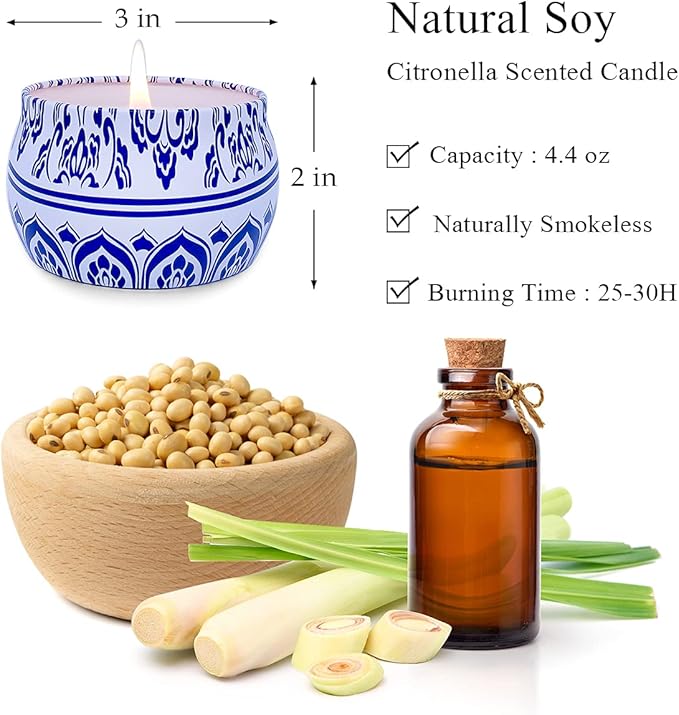 Outdoor Citronella Candles,4x4.4oz Natural Soy Wax Portable Travel Tin Candles