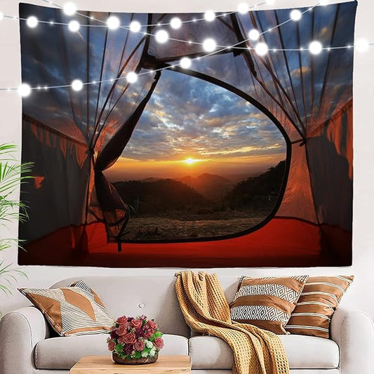 BaoNews Blue Night Camping Tapestry,Red Sunset Large Wall Hanging Polyester Tablecloths Tapestry Bedroom Room Living Room Dorm 59.1 x 82.7 Inches