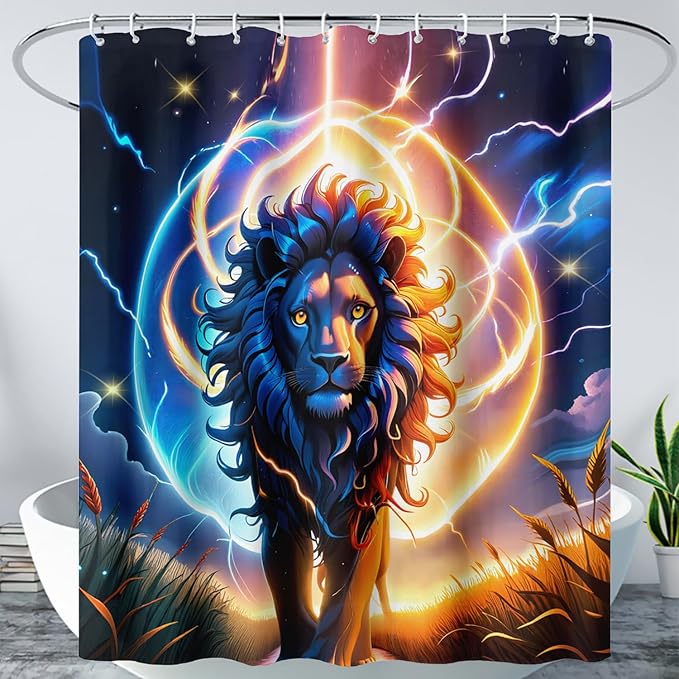 AILONEN 3D Lion Shower Curtain for Bathroom,Gold Halo Lightning Lion Printed Bath Curtain,Boys Teen Kids Running Lion Decoration Shower Curtain Waterproof 60" W*72" H