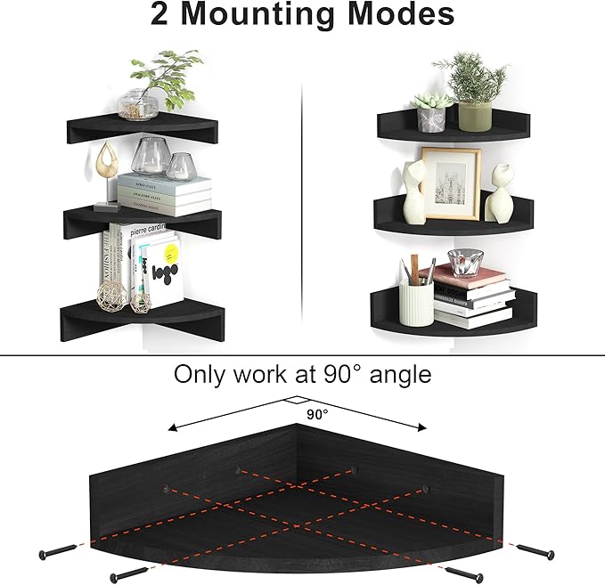 Alsonerbay Black Corner Shelf Wall Mount, Set of 3 Floating Shelves for Wall Storage and Display, Rustic Wood Shelves for Bedroom, Living Room, Bathroom, Entryway, Garage