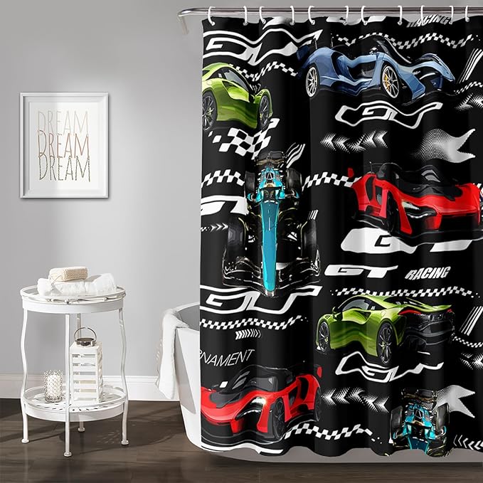 AILONEN Boys Racing Car Shower Curtain,Extreme Sports Car Bath Curtain for Kids Teen,Cool Speed Car Racer Waterproof Black Curtain for Bathroom Decor, 72" W x 96" H