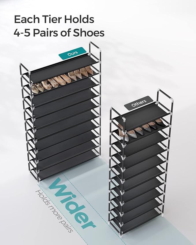 SONGMICS 10-Tier Shoe Rack, Shoe Storage for Hallway Closet, Slim and Space-Saving, Metal Frame, Non-Woven Fabric Shelves, Black ULSH11H