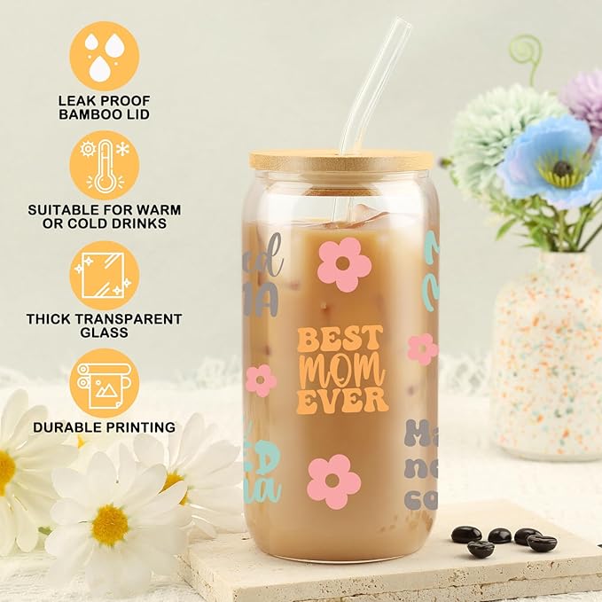 Best Mom Ever Sipper Glass, Coffee Cup for Mama, Mother's Day Gift, Present for Mom, 16oz Sipper Glass Can, Best Mama Gift, Gifts for Her, Birthday, Christmas, Thanksgiving Gifts from Daughter, Son