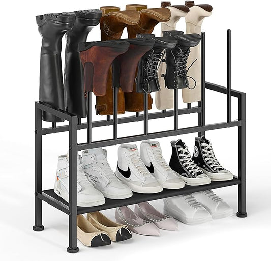 DIMJ Free Standing Shoe Racks - 3-Tier Boot Rack, Black Metal Storage Organizer for Tall Boots, Sneakers, Closet Organizer, Multiuse Shoe Rack, Fits 6 Pairs
