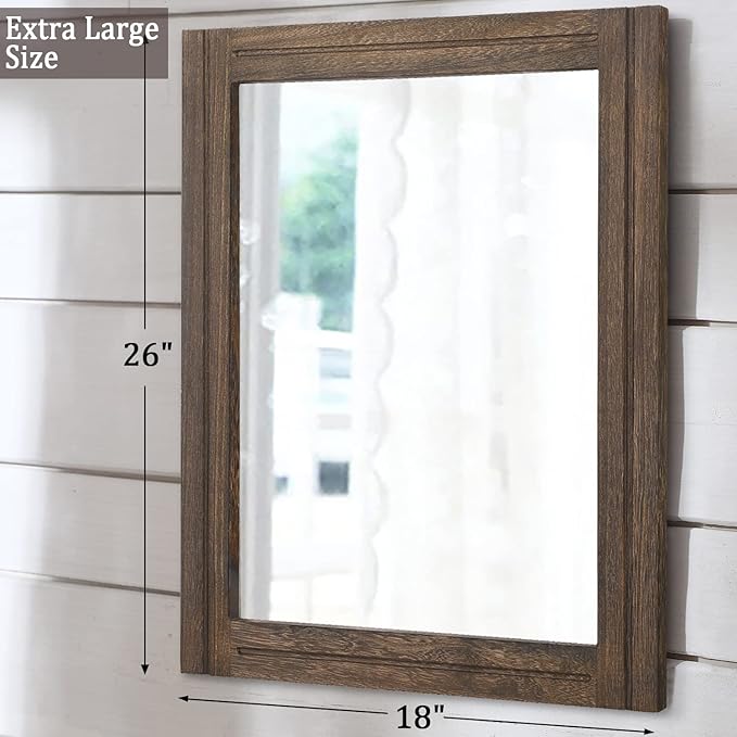 AAZZKANG Rustic Wood Mirror Rectangle Decorative Wall Hanging Mirrors with Frame Large 26"x18" for Bedroom Living Room Bathroom Home Entryway