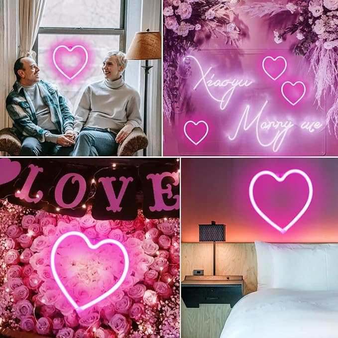 Pink Heart Neon Signs for Wall Deacor, LED Heart Lamp Battery Operated/USB Love Neon Lights for Bedroom, Mother's Day, Christmas, Valentine's Day Decorations-Pink