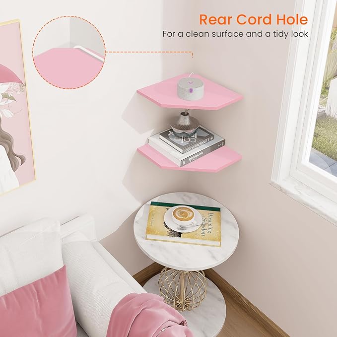 Homode Corner Floating Shelves, Corner Wall Shelf with Cord Hole, 2 Tier Wood Hanging Corner Shelf for Bathroom, Bedroom, Living Room, Pink