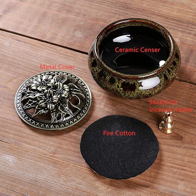 Ceramic Incense Burner with Incense Stick Holder + Insulation use for Stick or Coil Incense, Sage Cones and Frankincense (Fambe Green)