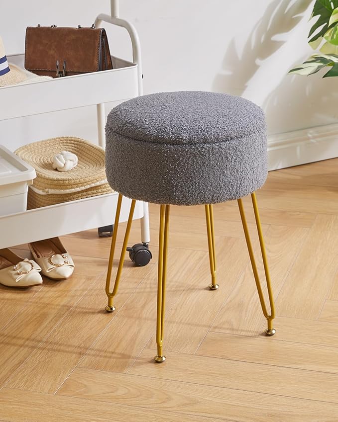 IBUYKE Teddy Velvet Storage Footrest Stool Ottoman, Makeup Vanity Stool Side Table with Removable Cover, Golden Steel Legs, Coffee Table Top Cover, Gray WBD010G