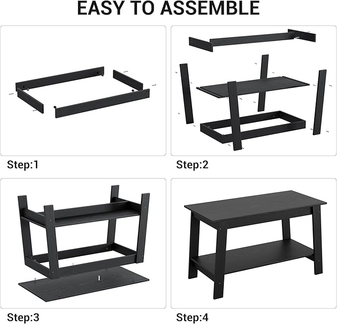 2-Tie Coffee Table, Rustic Wood Living Room Tables with Open Rectangular Storage Compartment, Coffee Tables for Living Room, Outdoors, Home Office, Bedroom, Black