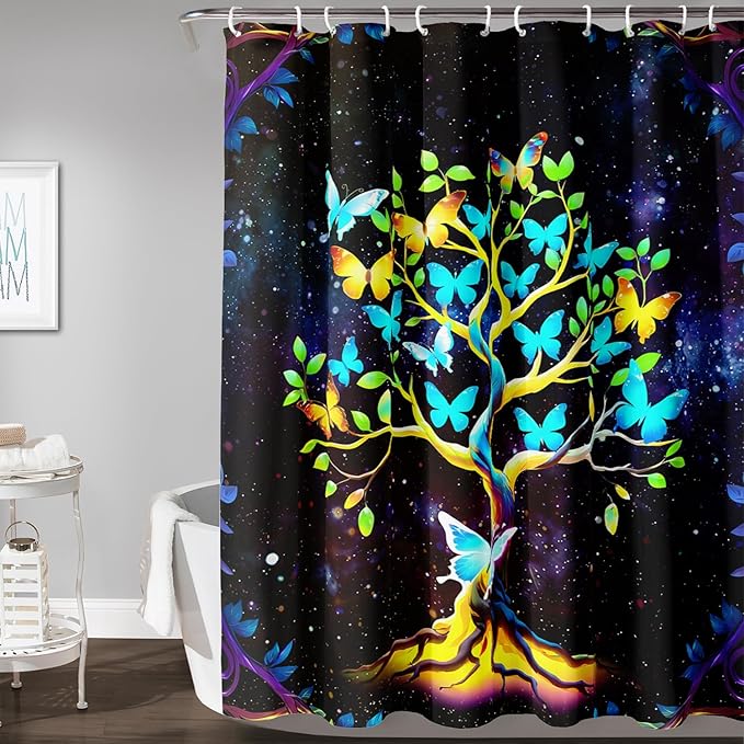 AILONEN Tree of Life Shower Curtain for Bathroom,Galaxy Starry Glowing Tree of Life Bath Curtain,Colorful Tree Shower Curtain Waterproof with 12 Plastic Hooks for Boys Girls Adults 48" W*72" H