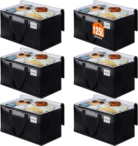 BlissTotes Moving Bags, Heavy Duty Moving Boxes with Zippers Top and Sturdy Handles, Storage Bags for Space Saving and Packing, Collapsible Moving Supplies, Storage Totes (125L, 6-Pack, Black)