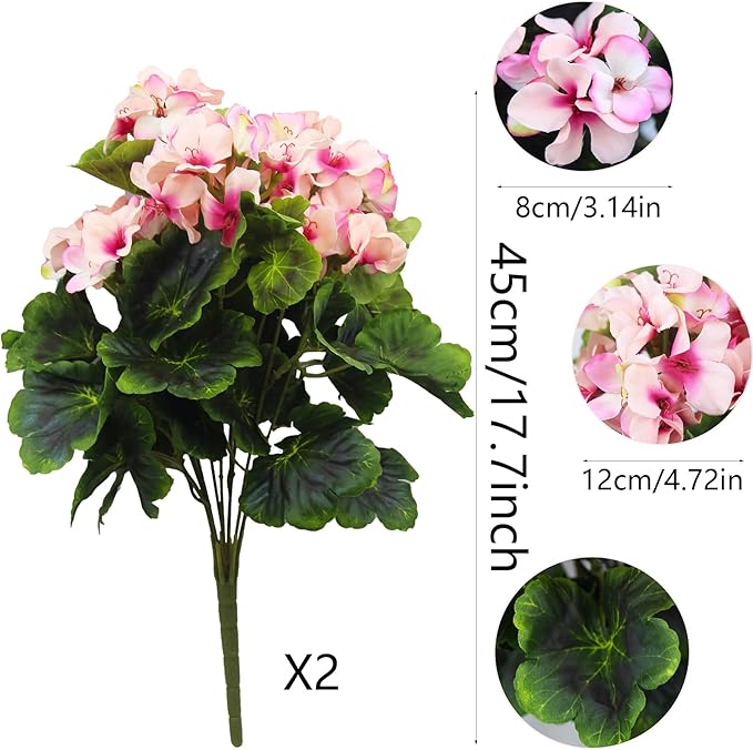 2 Pcs Artificial Geraniums for Outdoor Silk Geranium Flowers Purple Pink Artificial Geranium Bush Faux Flowers Geraniums Branch for Garden Patio Cemetary Vase Table Centerpiece Indoor Decor