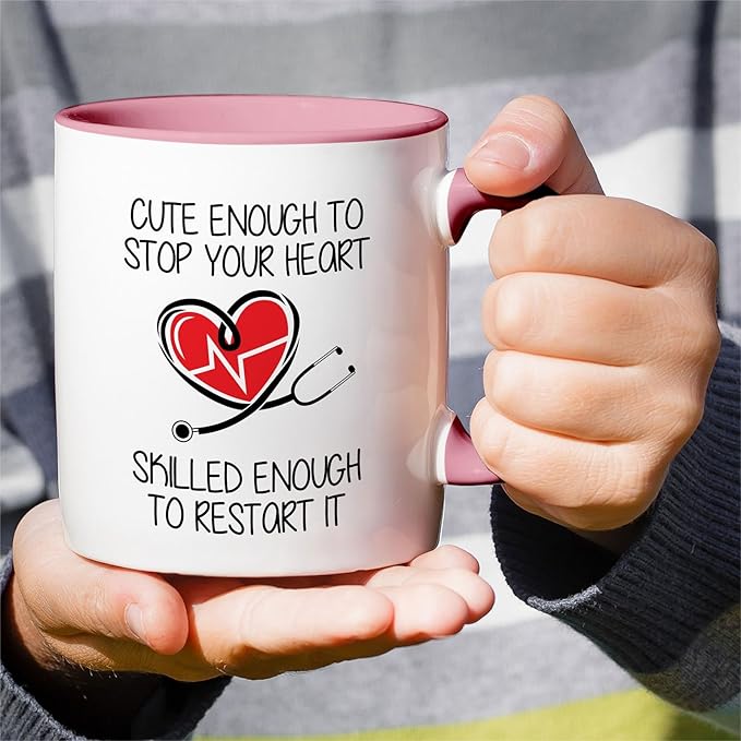 Retreez Funny Mug - Cute Enough To Stop Your Heart Skilled to Restart It Doctor 11 Oz Ceramic Coffee Mugs - Sarcasm, Motivational, Inspirational birthday gifts - White Mug with Pink Handle and Inner