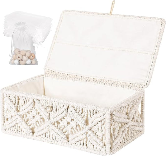 ANMINY Macrame Storage Basket with Lid & 25Pcs Organza Gift Bags Bohemian Jewelry Box Handmade Woven Natural Cotton Rope Lidded Bin Decorative Desktop Organizer Countertop Tank Shelf Cabinet Container