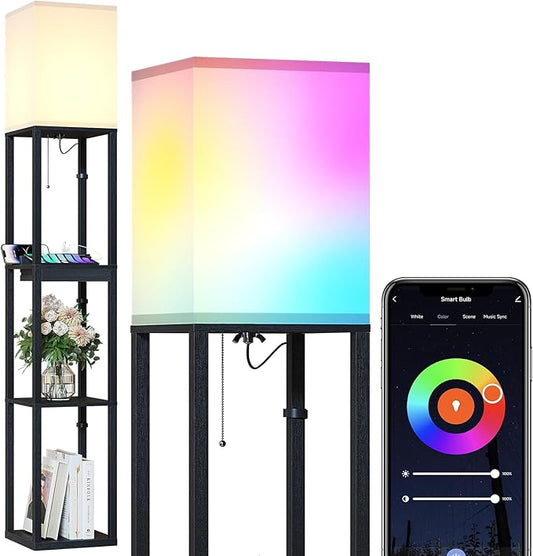 SUNMORY Floor Lamp with Shelves, RGB Light Dimmable Standing Lamp with APP Control, Tall Shelf Lamp for Living Room and Bedroom, Home Decor (Black)