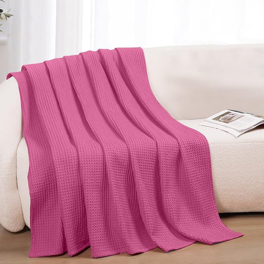 100% Cotton Blankets Throw Size for Bed - Waffle Weave Blankets for Summer, Lightweight and Breathable Soft Woven Blanket for Spring, (Pink, Throw (50" x 60"))