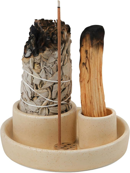4 in 1 Incense Holder, Ceramic Incense Stick and Palo Santo Holder,Sage Holder for Burning- 4.25" Ceramic Ash Catcher Tray for Meditation and Yoga Room (Sand) 1