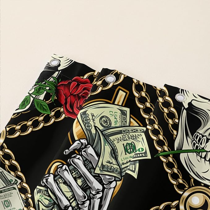 AILONEN Skull Shower Curtain for Boys,Gold Money Skeleton Bath Curtain for Decor,Luxurious Skull Print Shower Curtain with 12 Plastic Hooks,Waterproof 72" W*72" H