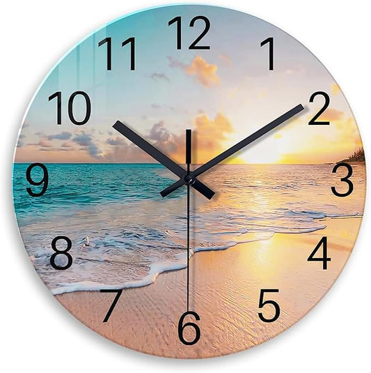 Beach Wall Clock Battery Operated 12 Inch Glass Wall Clock Non Ticking Analog Blue Clock for Bedroom Living Room Office