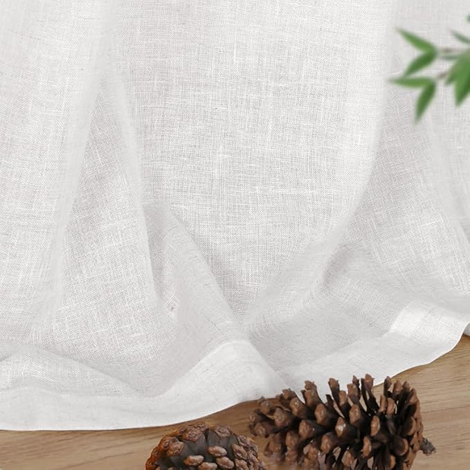 FantasDecor White Sheer Linen Curtains for Living Room 84 inch Length Rod Pocket Flax Linen Burlap Semi Sheer with Light Filtering Privacy Window Treatments for Bedroom, W52 x L84, White
